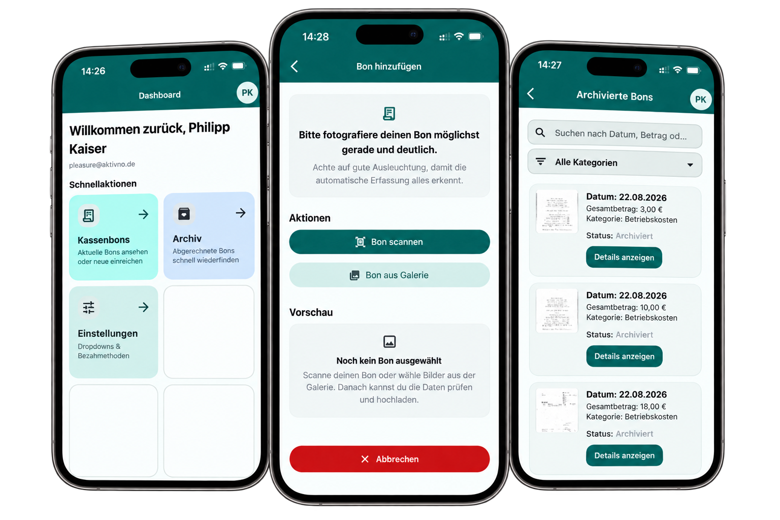 Mobile Optimo App zur Bon-Erfassung auf dem Smartphone, auch offline nutzbar