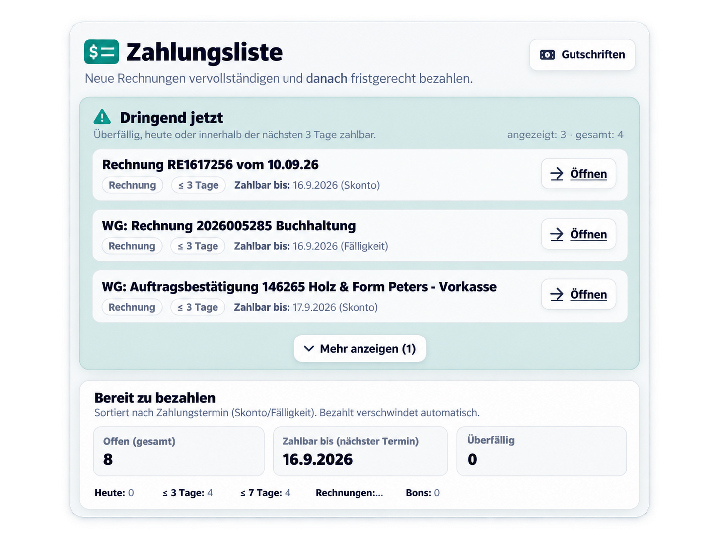 Offene Posten und Zahlungsliste in Optimo mit Fälligkeiten und Beträgen